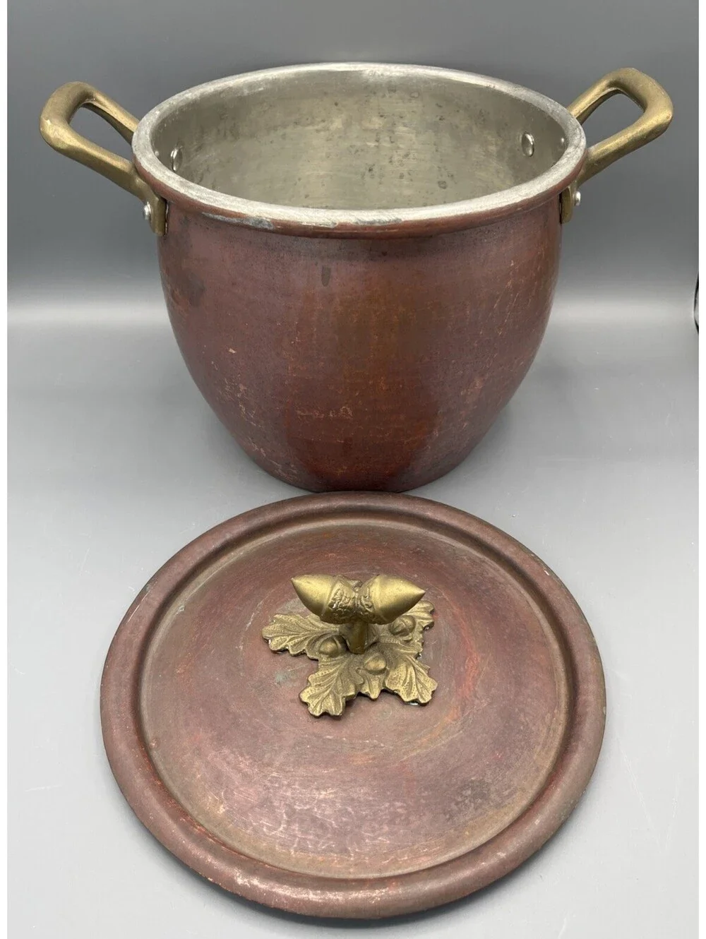 Ruffoni 4.75 Qt Hammered Copper Stockpot Italy Brass Acorn Lid Handles